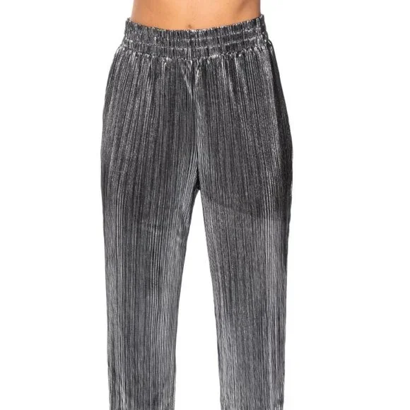 Elaine Pleats Please: Silver Metallic Palazzo Pant M - Picture 4 of 6